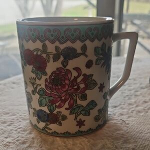 Vintage Jingdenzhen "Mille Fleur"  Floral Porcelain Mug in Teal/ Pink/ Yellow